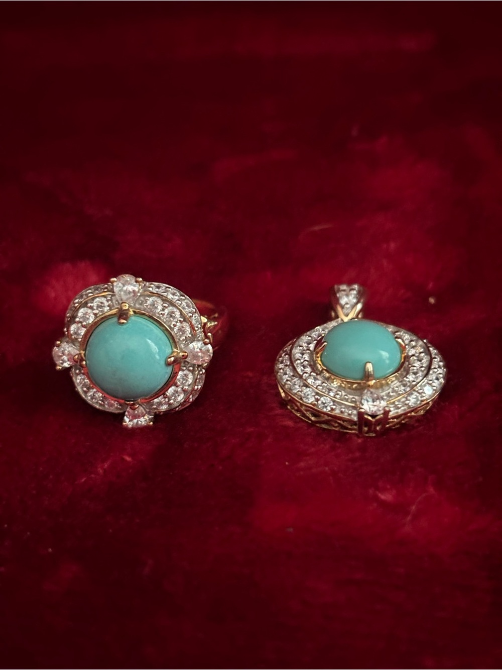 Turquoise Halo Pendant and Ring Set - Gold-tone with Turquoise and Clear Stones